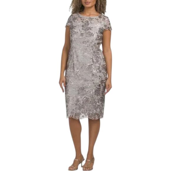 ALEX EVENINGS Beige Embroidered Cap Sleeve Sheath Dress